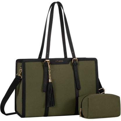 Lehrertasche Damen Grün Schwarz 15,6 Zoll Laptop Canvas Tote Bag