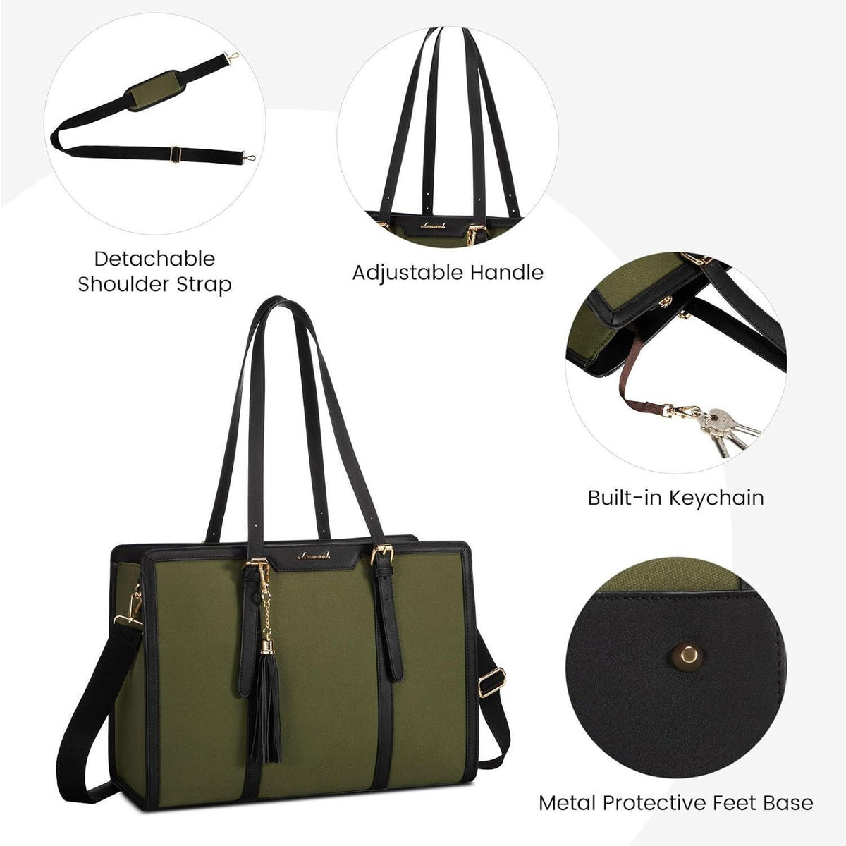 Lehrertasche Damen Grün Schwarz 15,6 Zoll Laptop Canvas Tote Bag