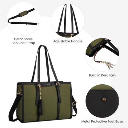 Lehrertasche Damen Grün Schwarz 15,6 Zoll Laptop Canvas Tote Bag