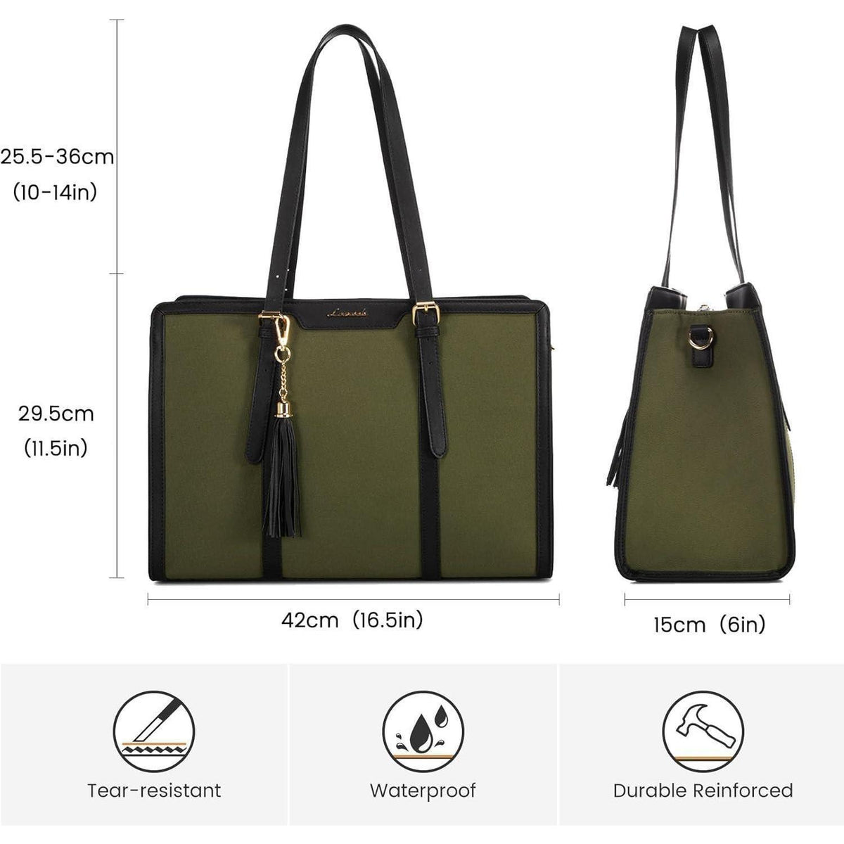 Lehrertasche Damen Grün Schwarz 15,6 Zoll Laptop Canvas Tote Bag