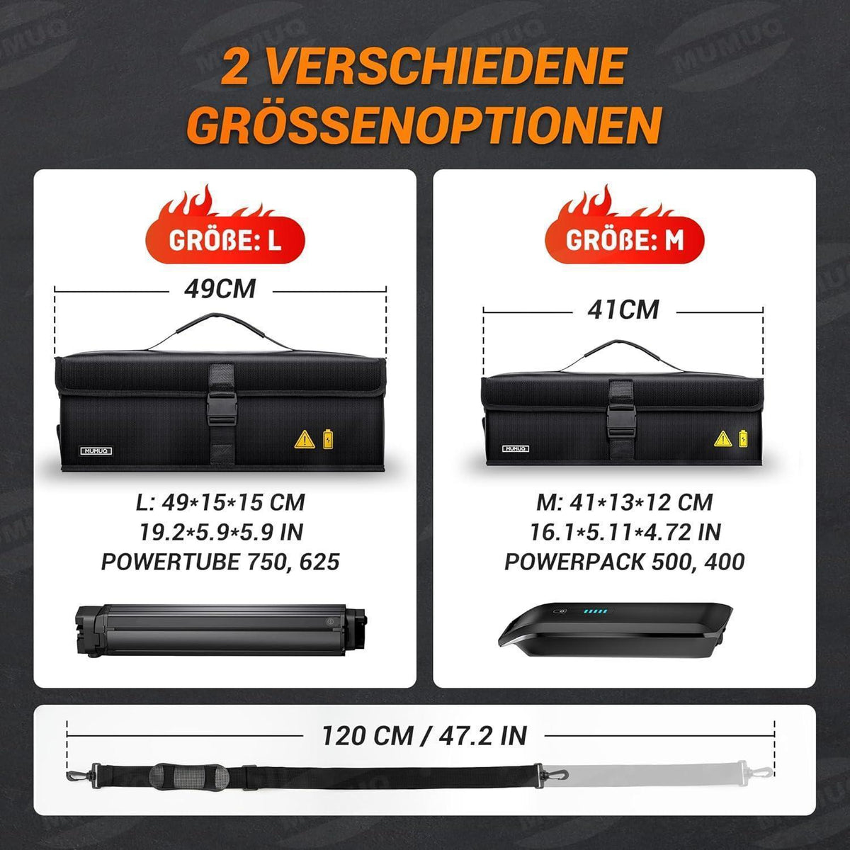 Feuerfeste Ebike Akku Tasche 49x15x15cm mit Ladeanschluss