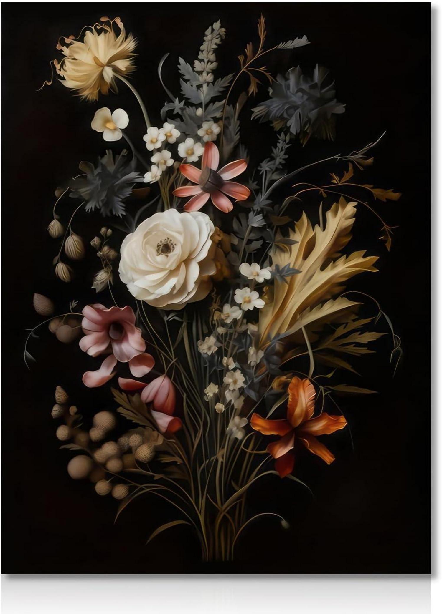 Vintage Blumen Poster Schwarz Botanische Leinwandbildänge 30x40 cm