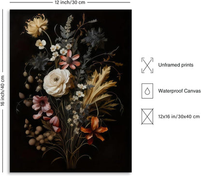 Vintage Schwarze Botanische Blumen Leinwand Poster 30x40cm - Moody Blumenbild