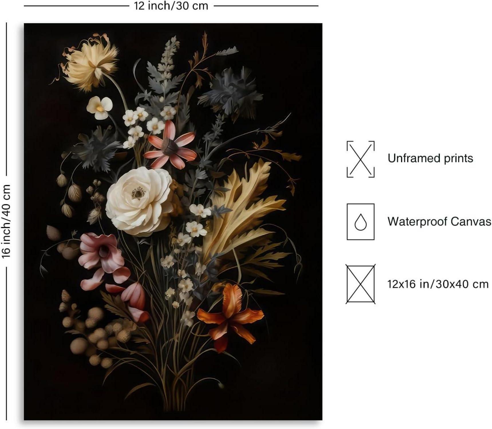 Vintage Schwarze Botanische Blumen Leinwand Poster 30x40cm - Moody Blumenbild