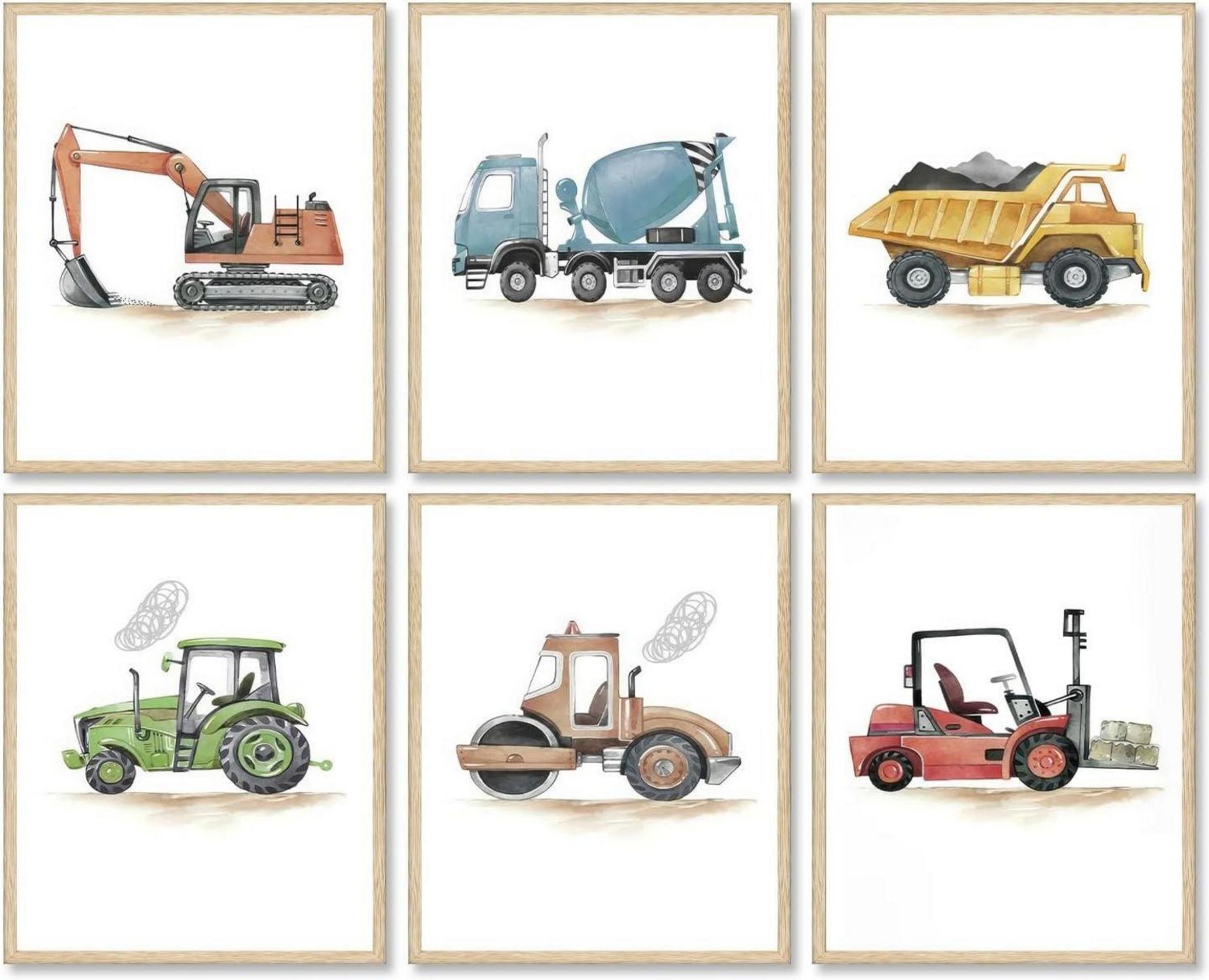 Baufahrzeuge Wandbilder Set für Kinderzimmer Dekoration 20x25cm