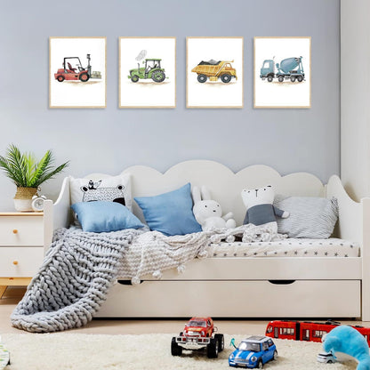 Bauauto Traktor Bagger Kran Wandbilder Poster Set 20x25cm