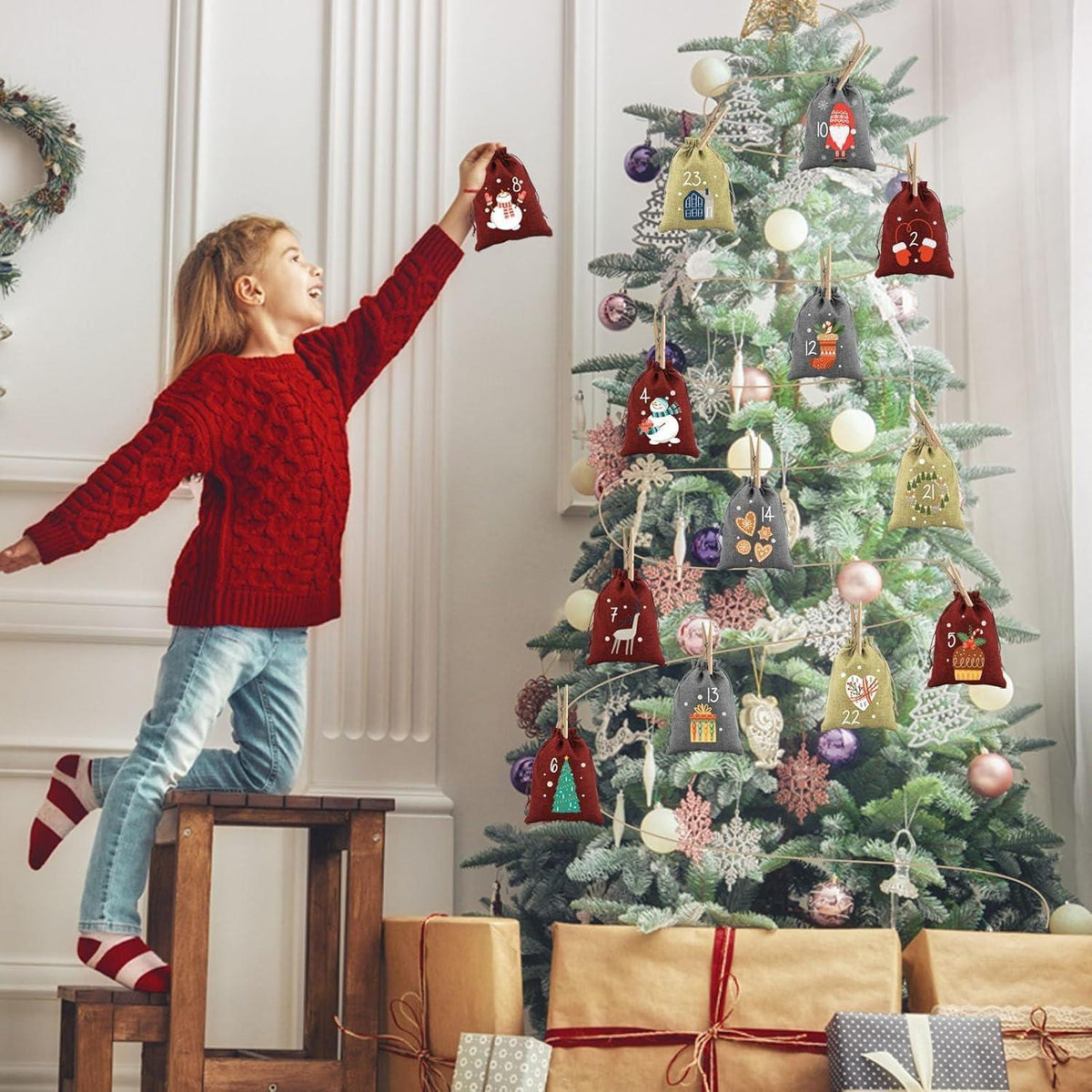 Adventskalender zum Befüllen, 24 Jutesäckchen mit Zahlen, DIY Weihnachtsdeko