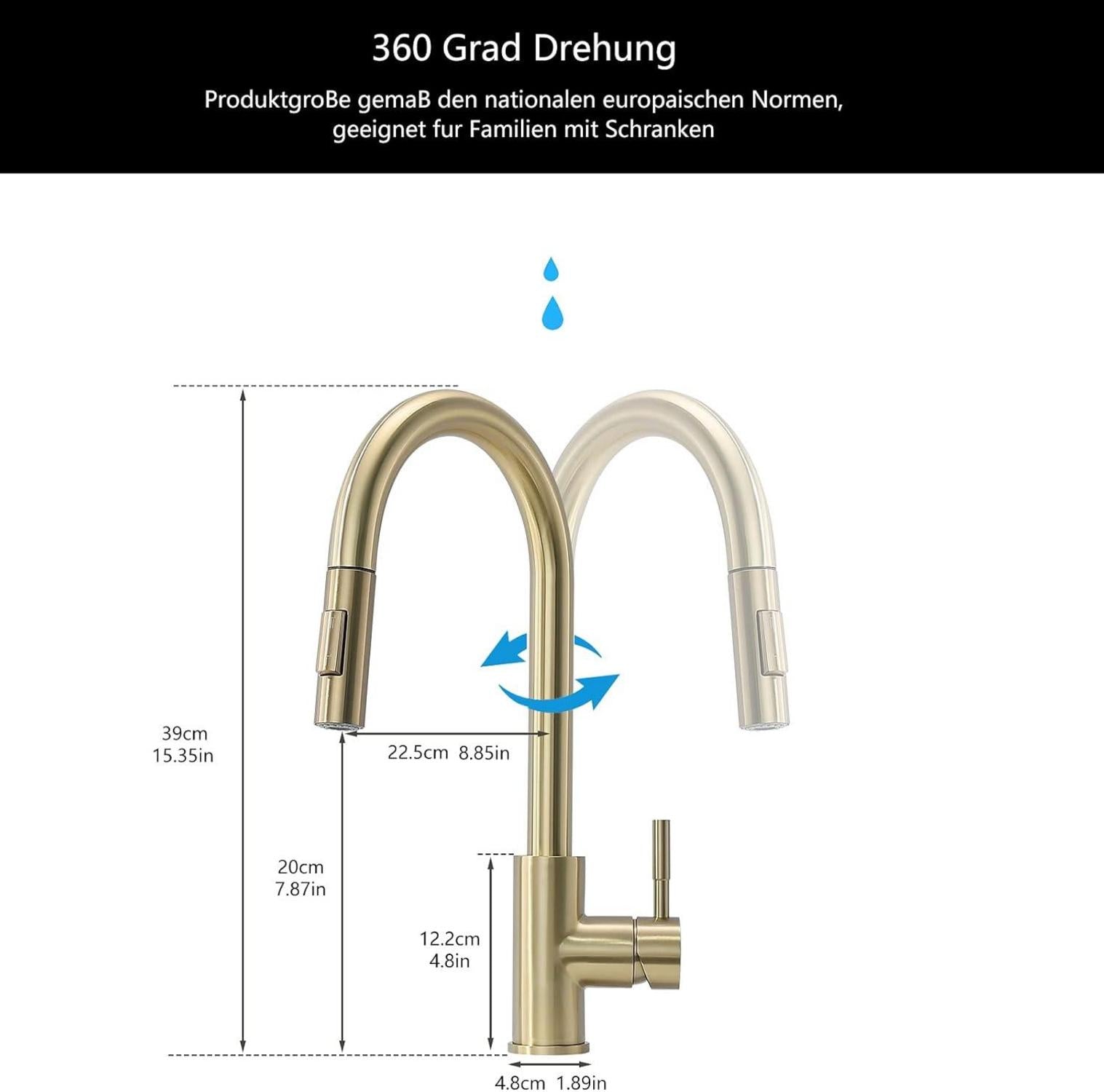 Moderne Niederdruck Küchenarmatur mit ausziehbarer Brause - Gold
