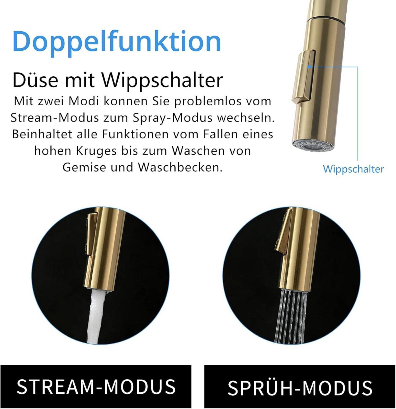Niederdruck Küchenarmatur Gebürstetes Gold mit Ausziehbarer Brause 360° Schwenkbar