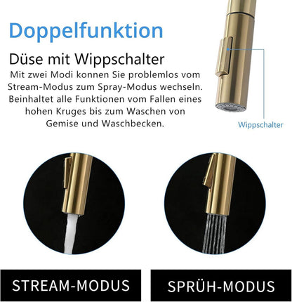 Niederdruck Küchenarmatur Gebürstetes Gold mit Ausziehbarer Brause 360° Schwenkbar