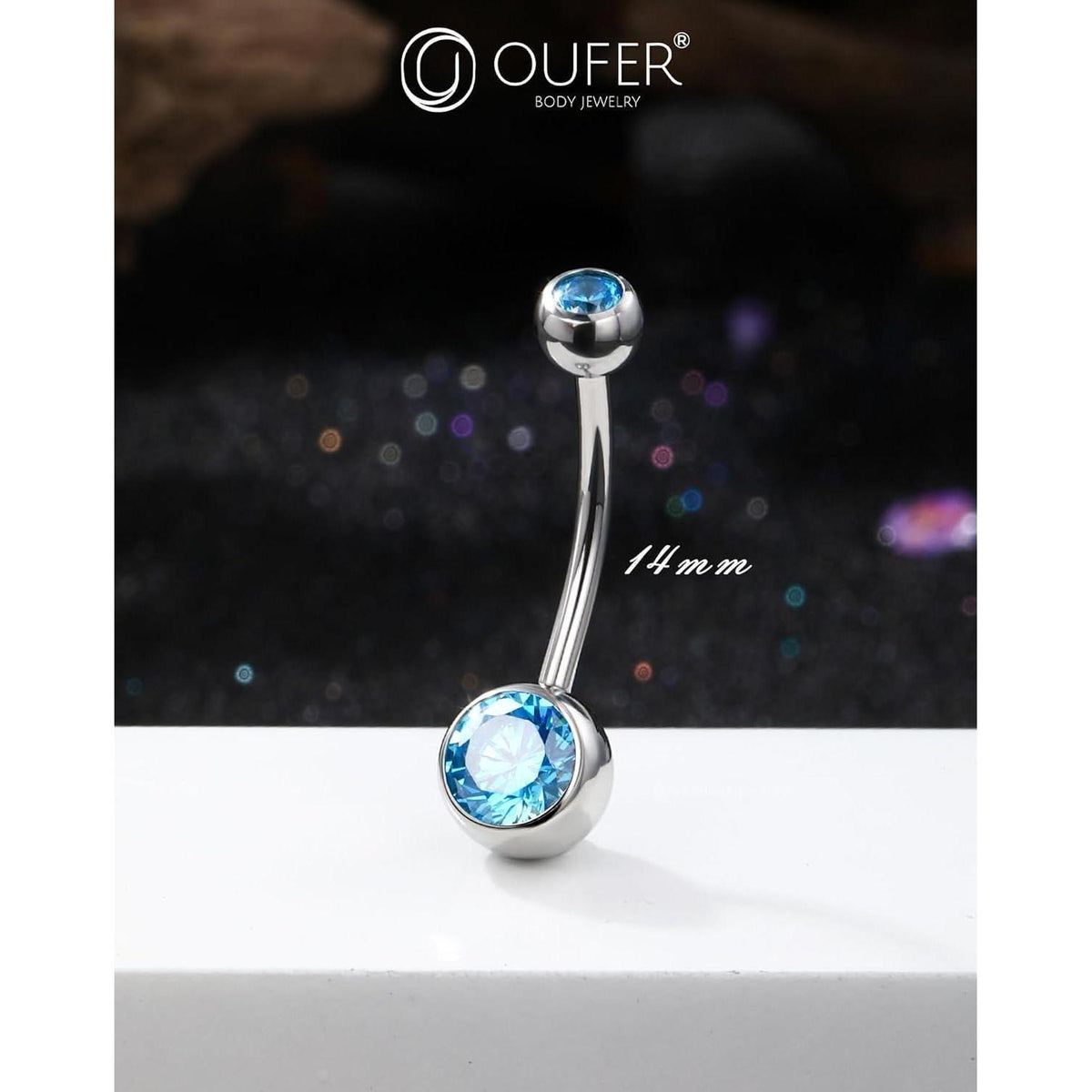 Bauchnabelpiercing Edelstahl 316L Aqua Zirkonia 14G 10-16mm