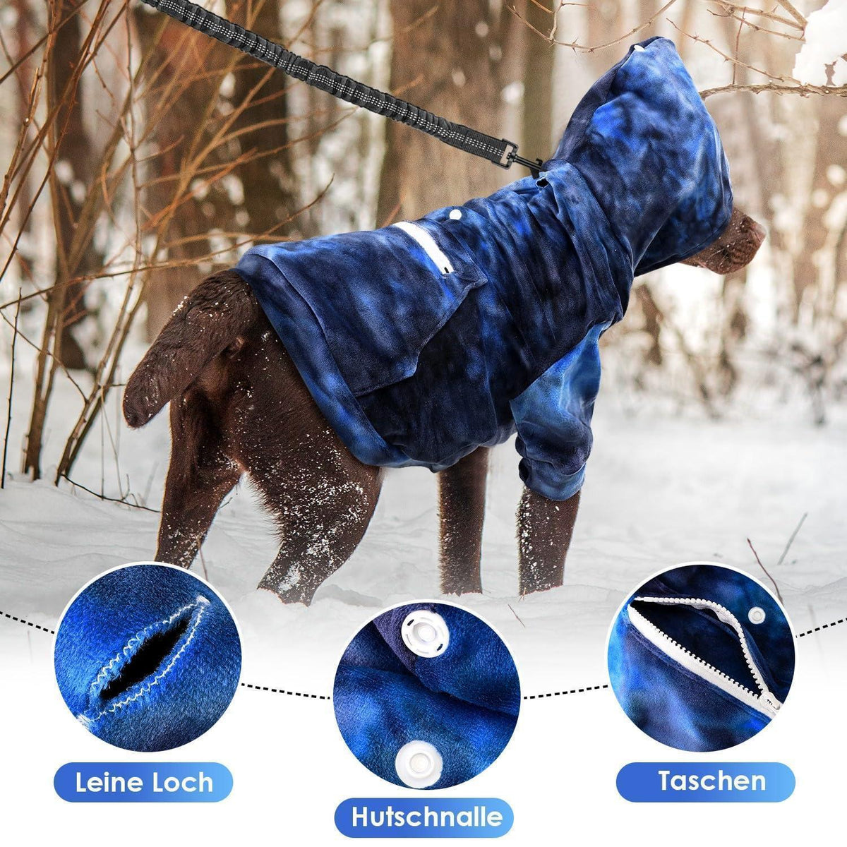 Hunde Hoodie Flanell mit Leinenloch & Tasche, Blau-Grau S