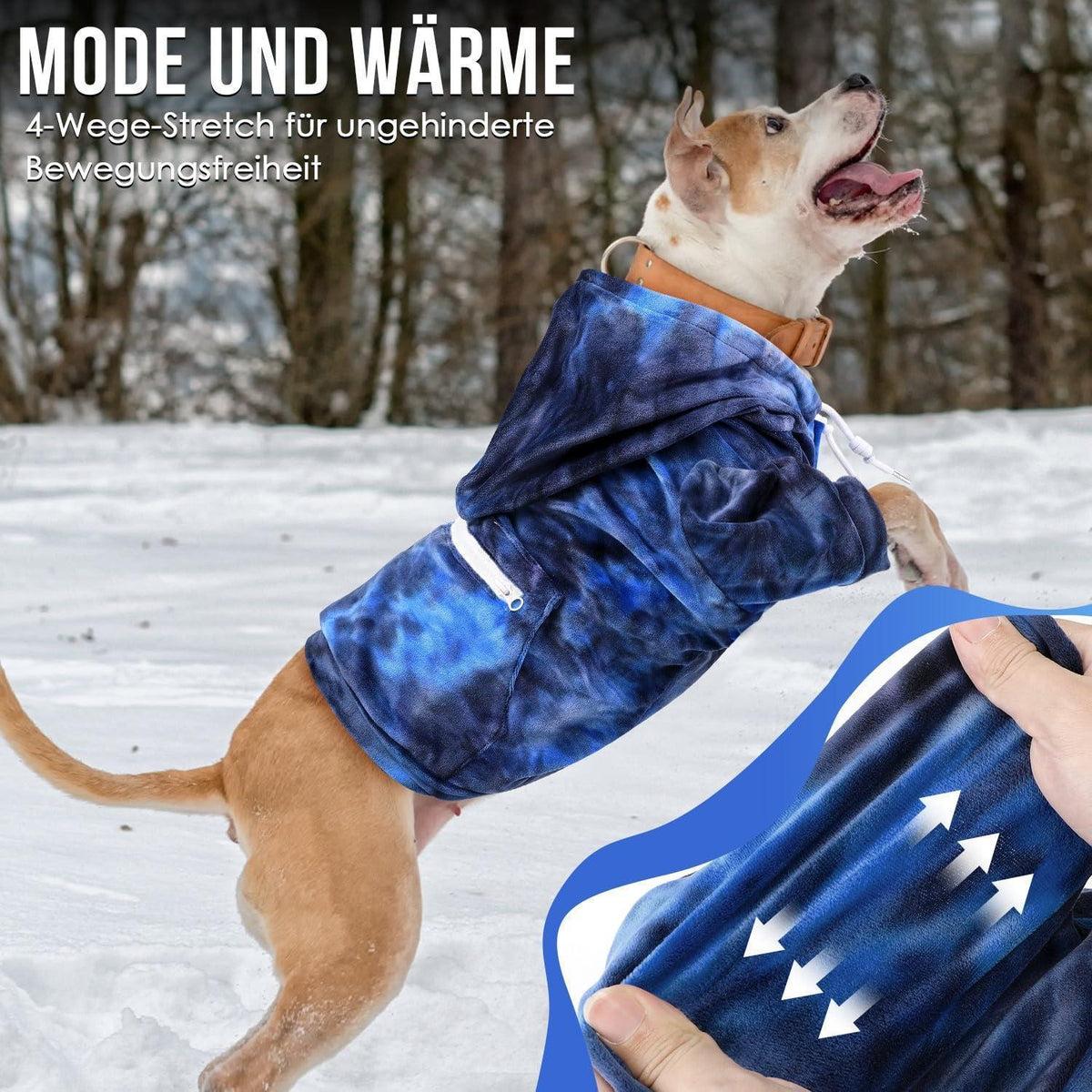 Hunde Hoodie Flanell mit Leinenloch & Tasche, Blau-Grau S