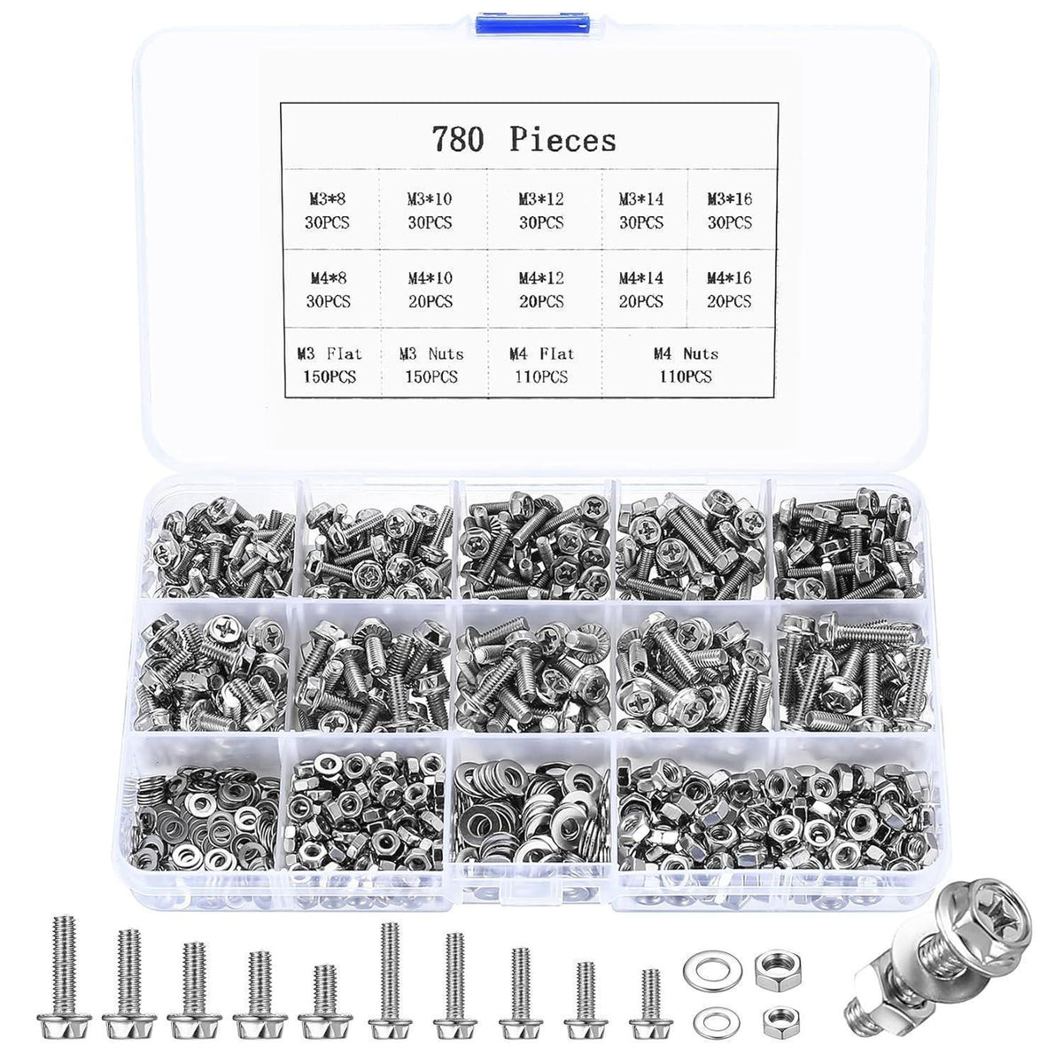 Schrauben & Muttern Set M3 M4, 780 Teile mit Flansch und Kreuzschlitz