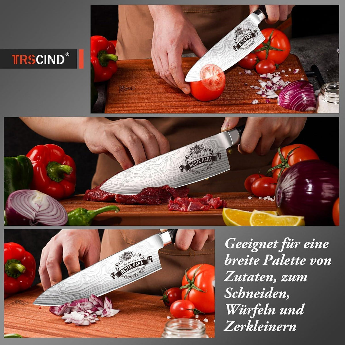 Kochmesser Edelstahl mit Lasermuster, personalisierbar für Papa