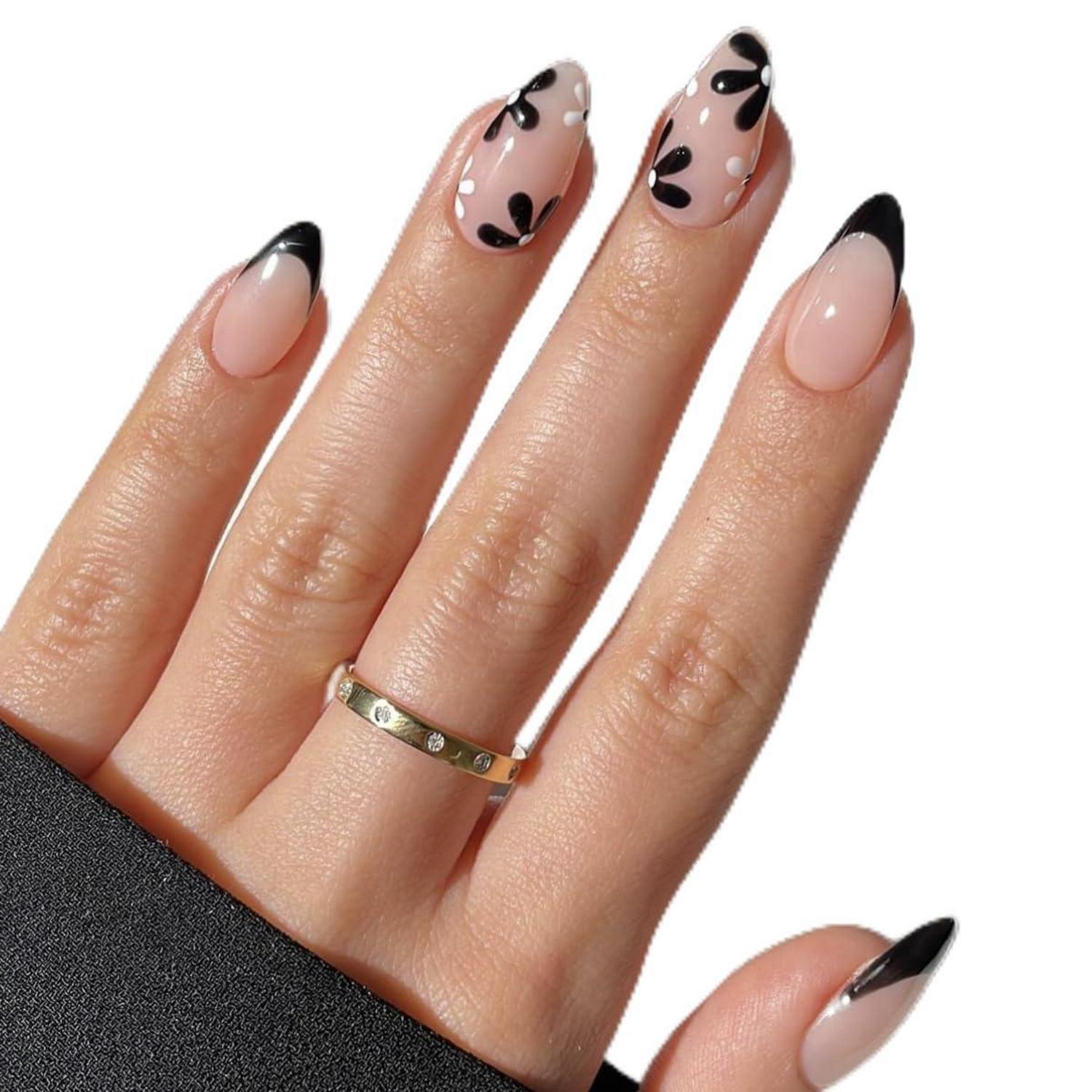 24er Set Schwarze Blumenmuster Kunstnägel zum Aufkleben