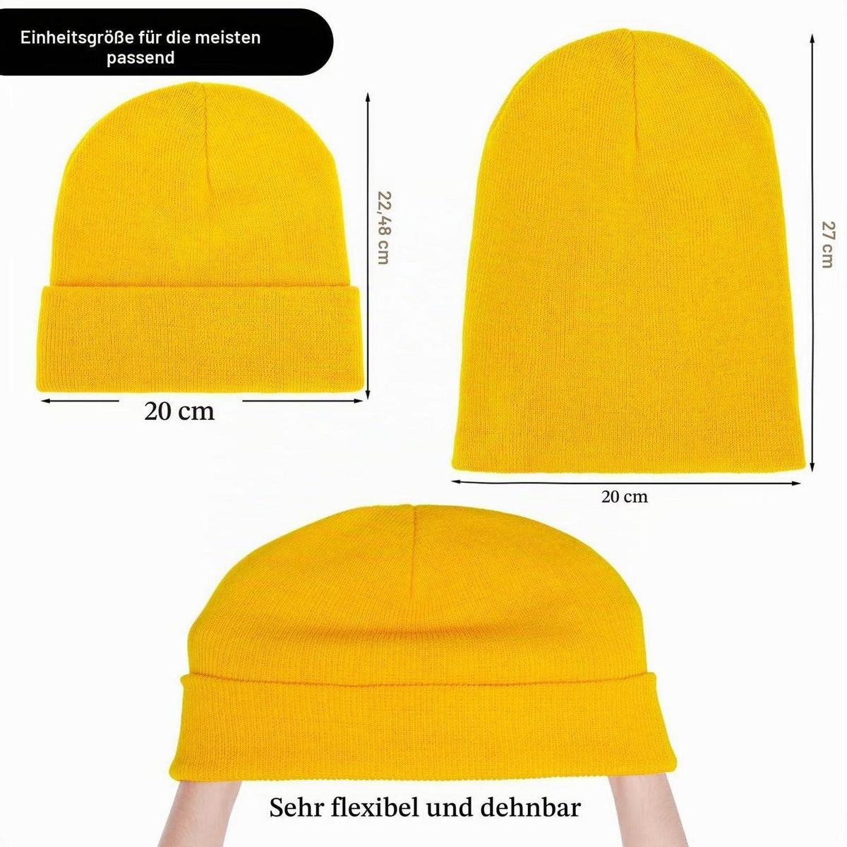Strickmütze Beanie für Herren und Damen, dünn, warm, Einheitsgröße, Gelb