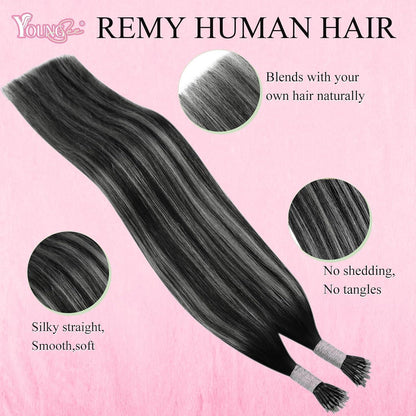 Echthaar Extensions Nanoring Ombre Schwarz Silber 50cm
