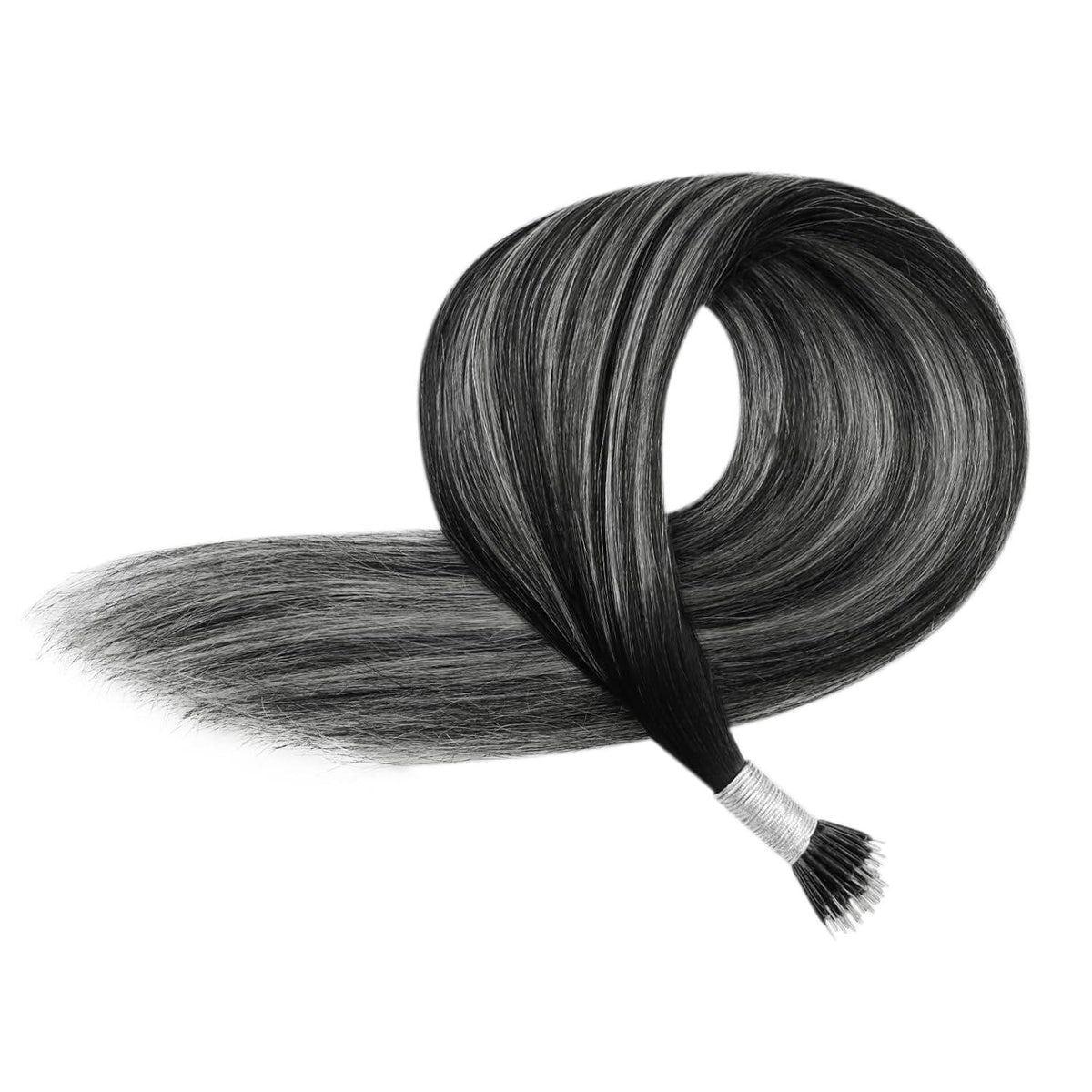 Echthaar Extensions Nanoring Ombre Schwarz Silber 50cm
