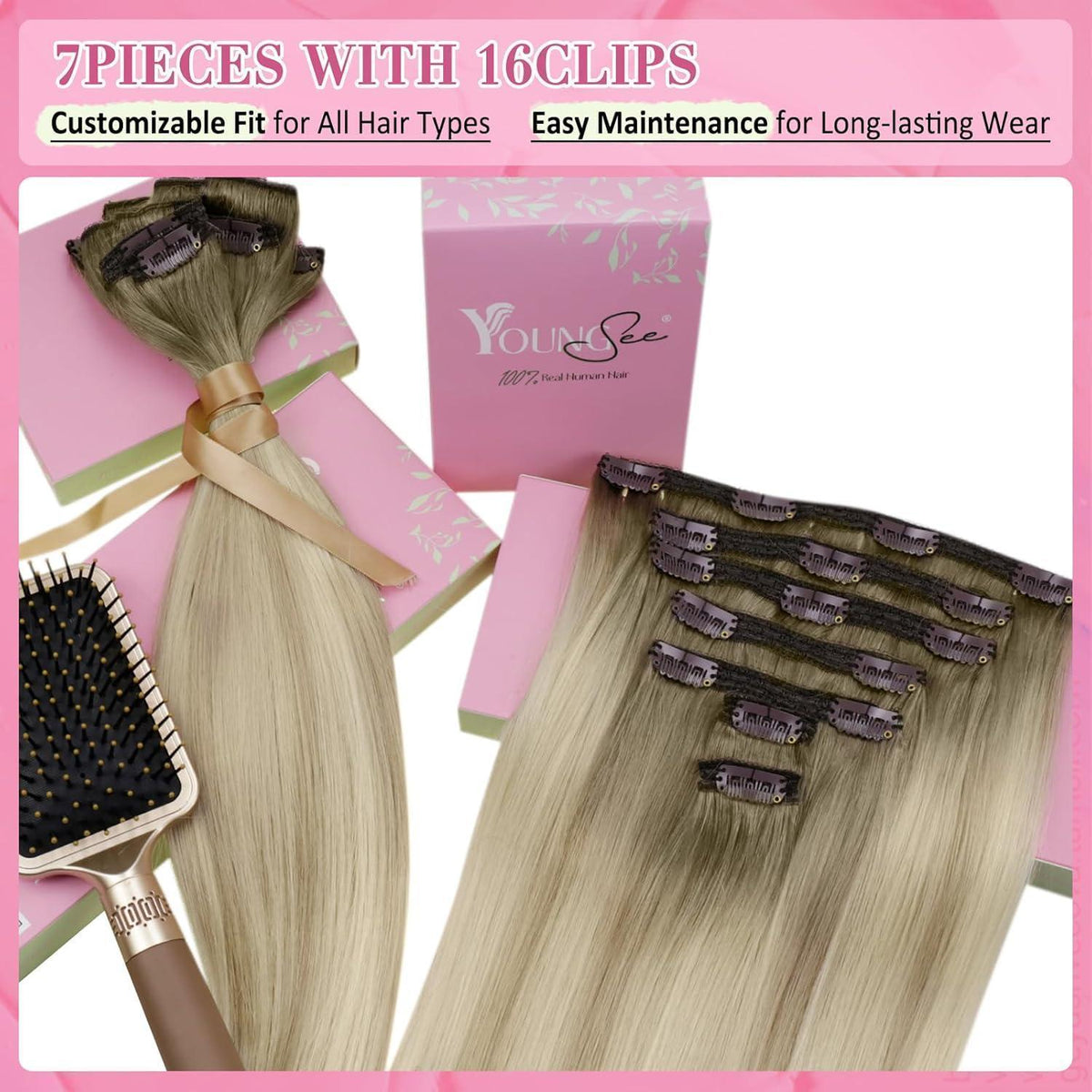 Clip-in Echthaar Extensions Ombre Aschblond Platinblond 50cm