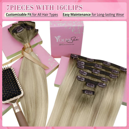 Clip-in Echthaar Extensions Ombre Aschblond Platinblond 55cm