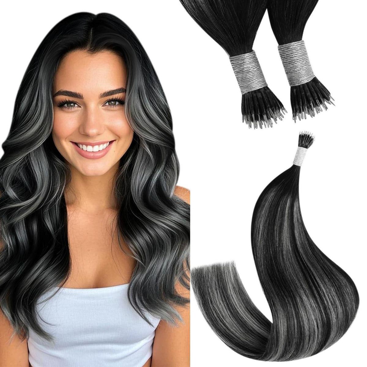 Nano Ring Haarverlängerung Ombre Schwarz Silber 35cm Echthaar