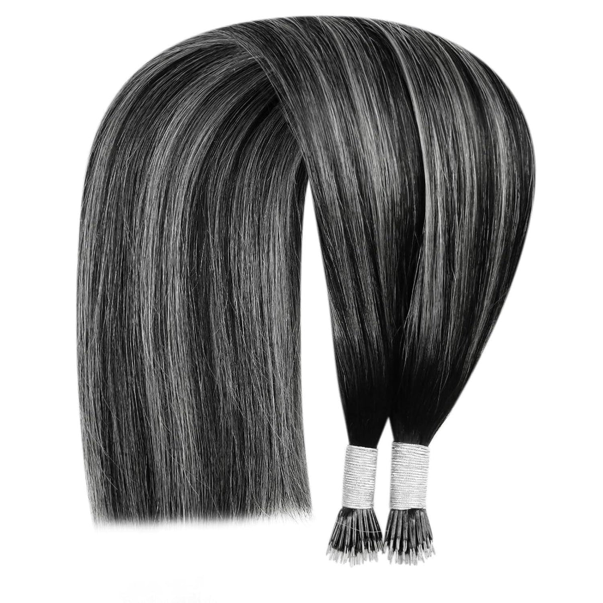 Nano Ring Haarverlängerung Ombre Schwarz Silber 35cm Echthaar