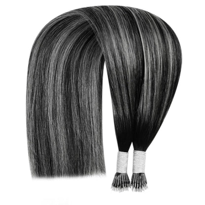 Nano Ring Haarverlängerung Ombre Schwarz Silber 35cm Echthaar
