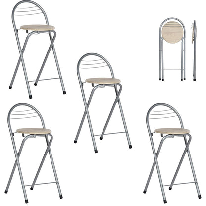 Klappbarer Barhocker 4er-Set mit Lehne – Holzmaserung & Silber