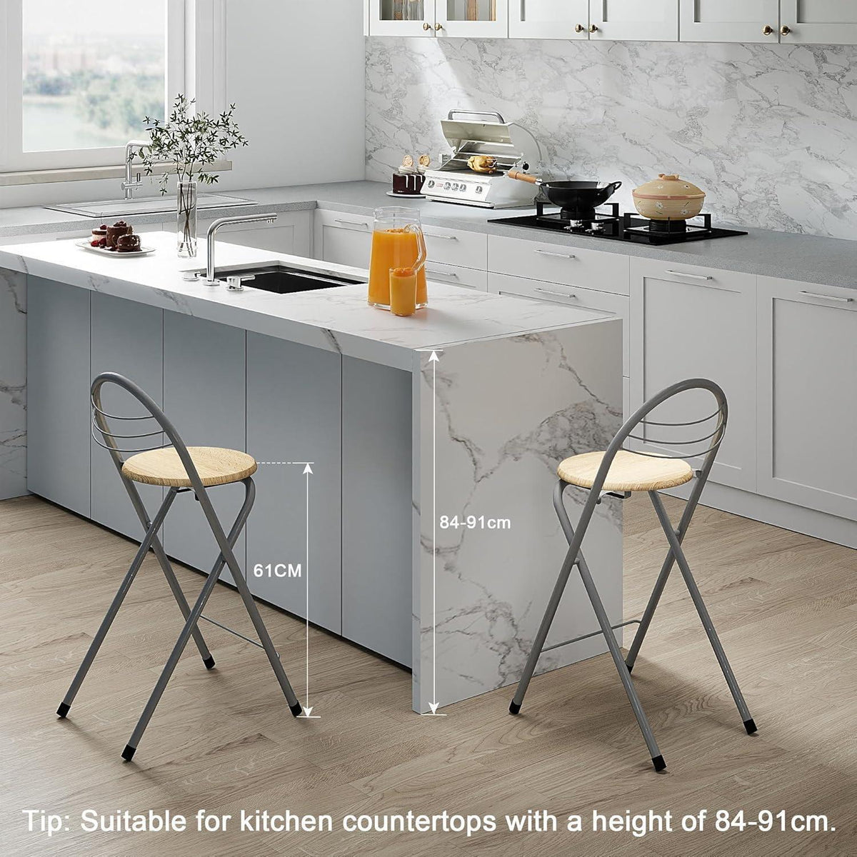 Klappbarer Barhocker 6er-Set – Holzmaserung & Silber, 61cm Sitzhöhe