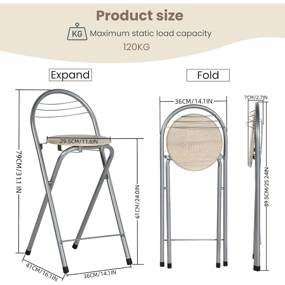 Klappbarer Barhocker Holzoptik & Silber – 61cm Sitzhöhe