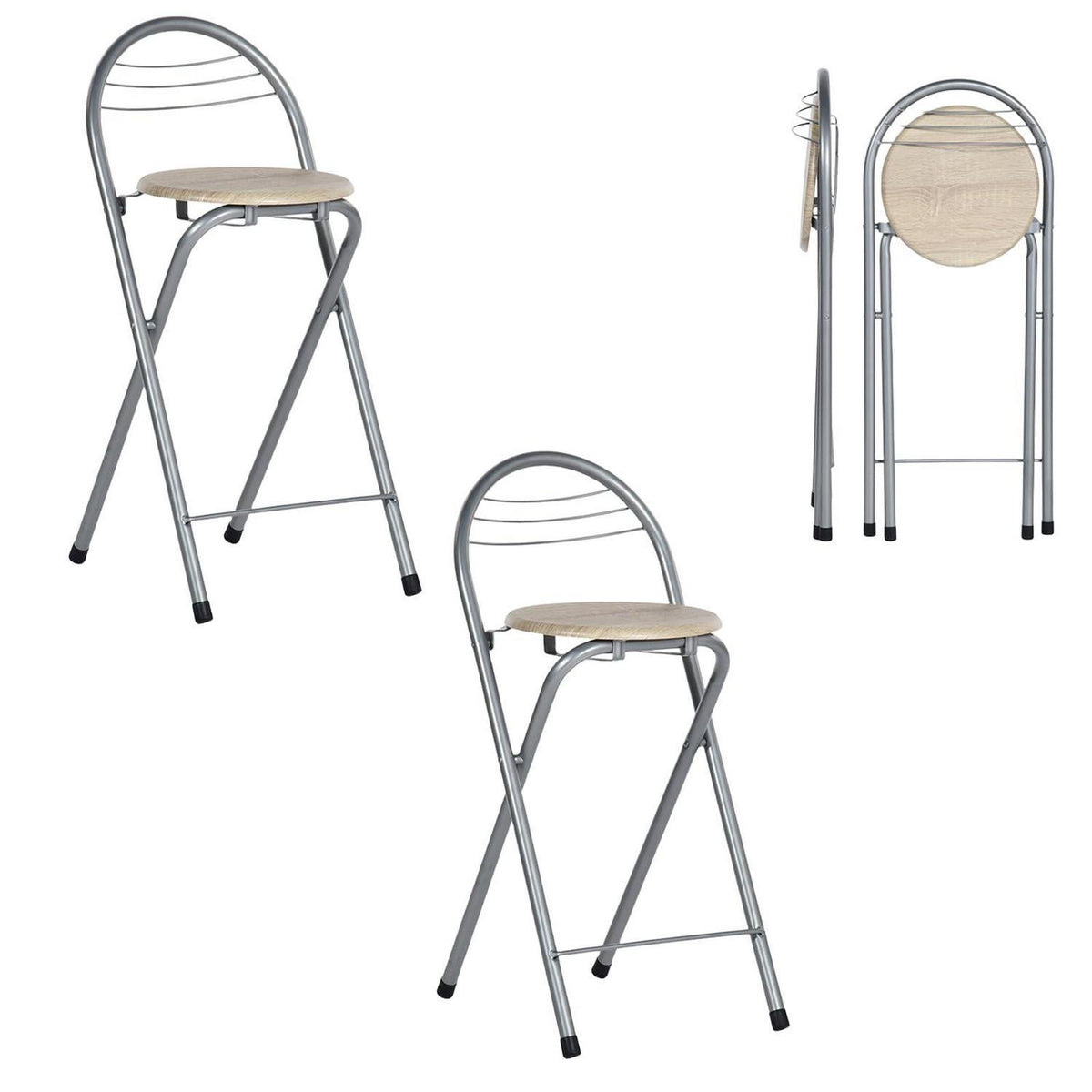 Klappbarer Barhocker 2er-Set – Holzoptik & Silber, 61cm Sitzhöhe