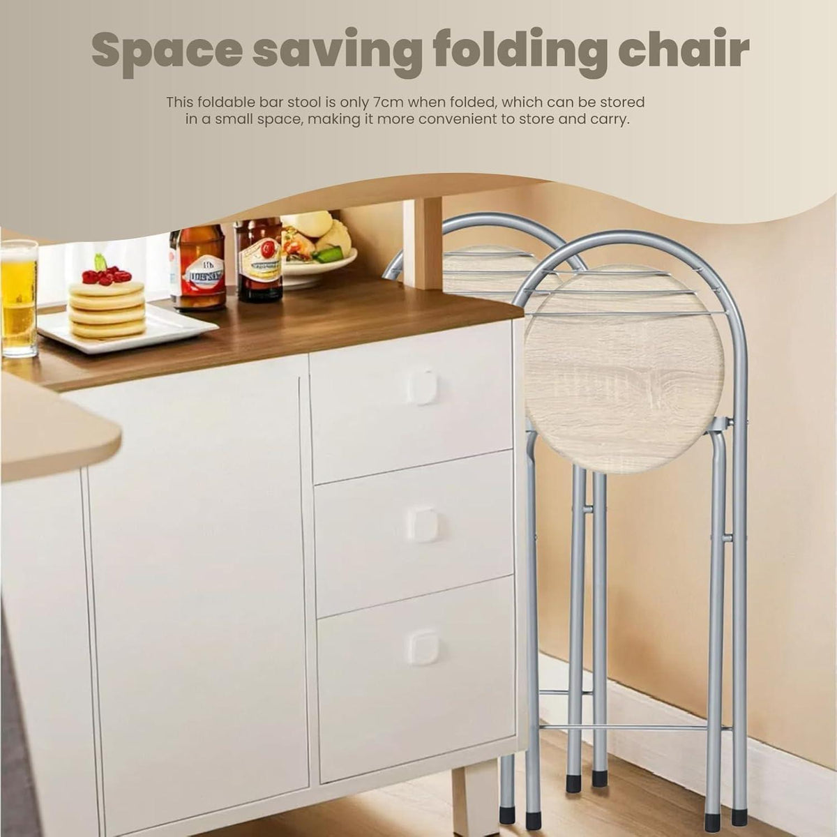 Klappbarer Barhocker 2er-Set – Holzoptik & Silber, 61cm Sitzhöhe