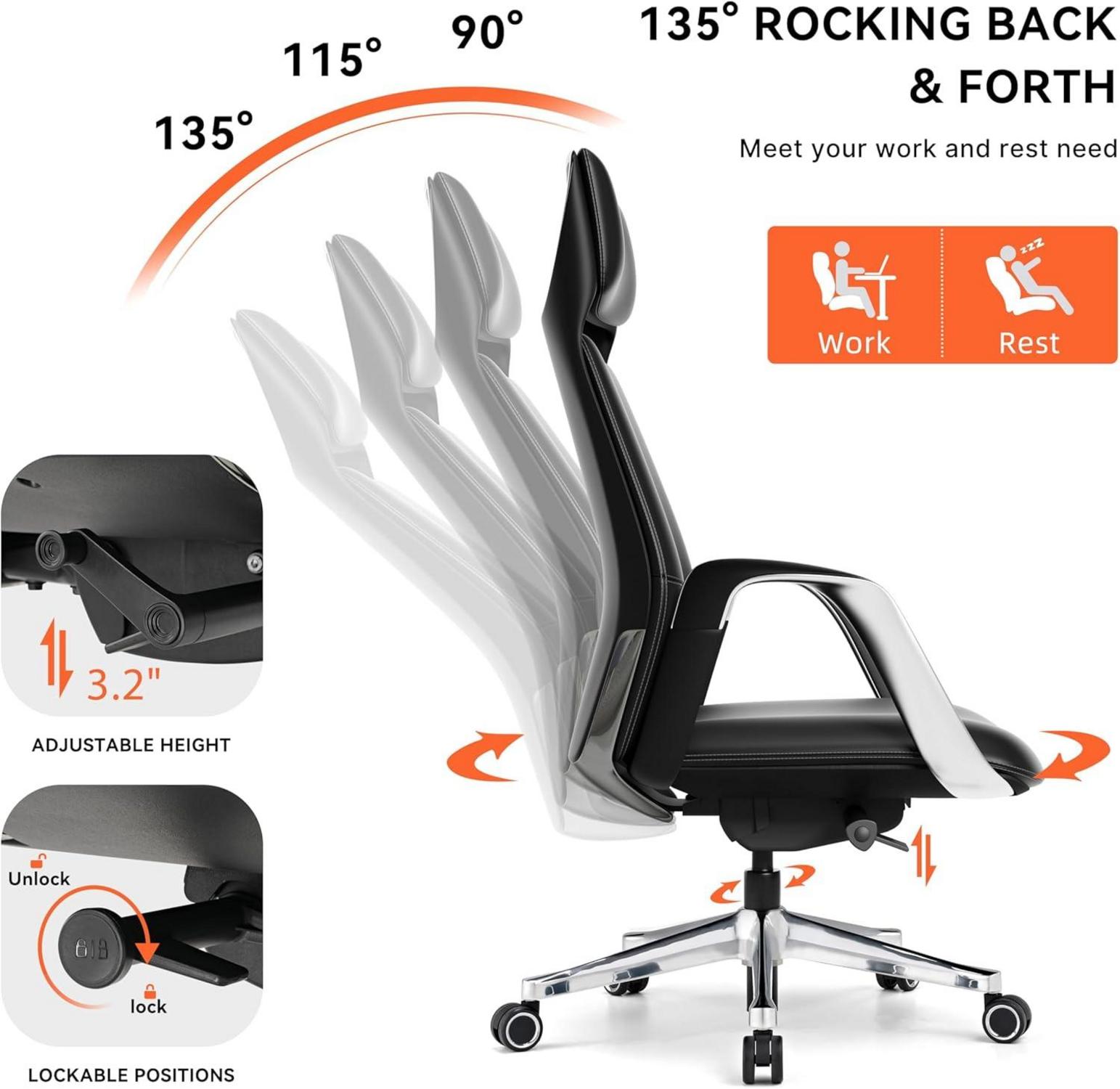 EUREKA ERGONOMIC Chefsessel Bürostuhl Schwarz Nappaleder