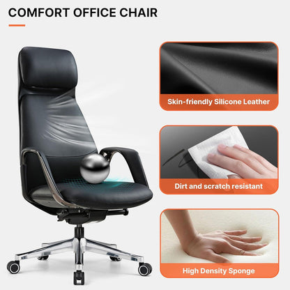 Ergonomischer Chefsessel Leder Schwarz, Business-Drehstuhl, Atmungsaktiv, Bequem, Nappaleder