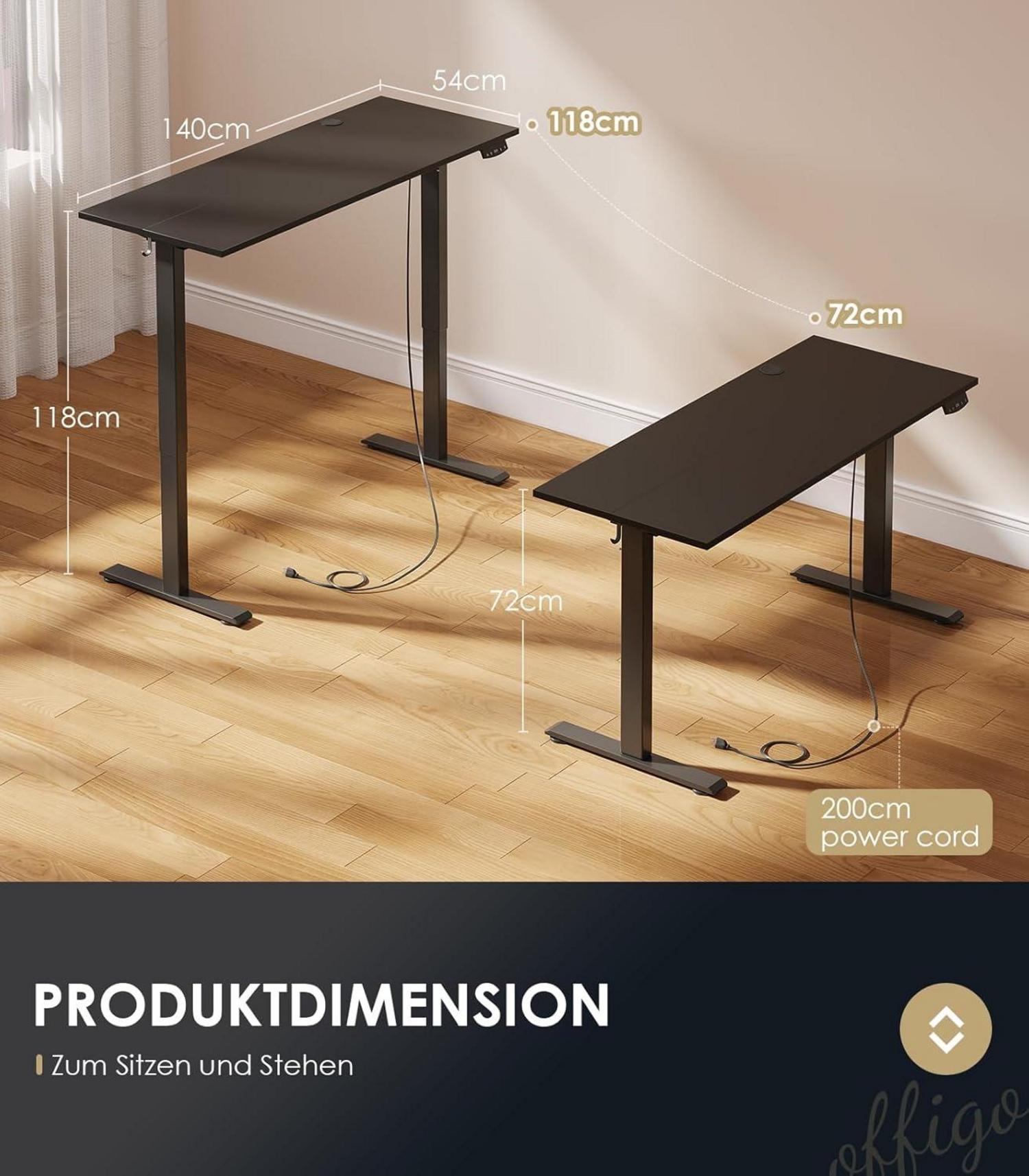 Höhenverstellbarer Schreibtisch Memory-Funktion 140 cm Schwarz