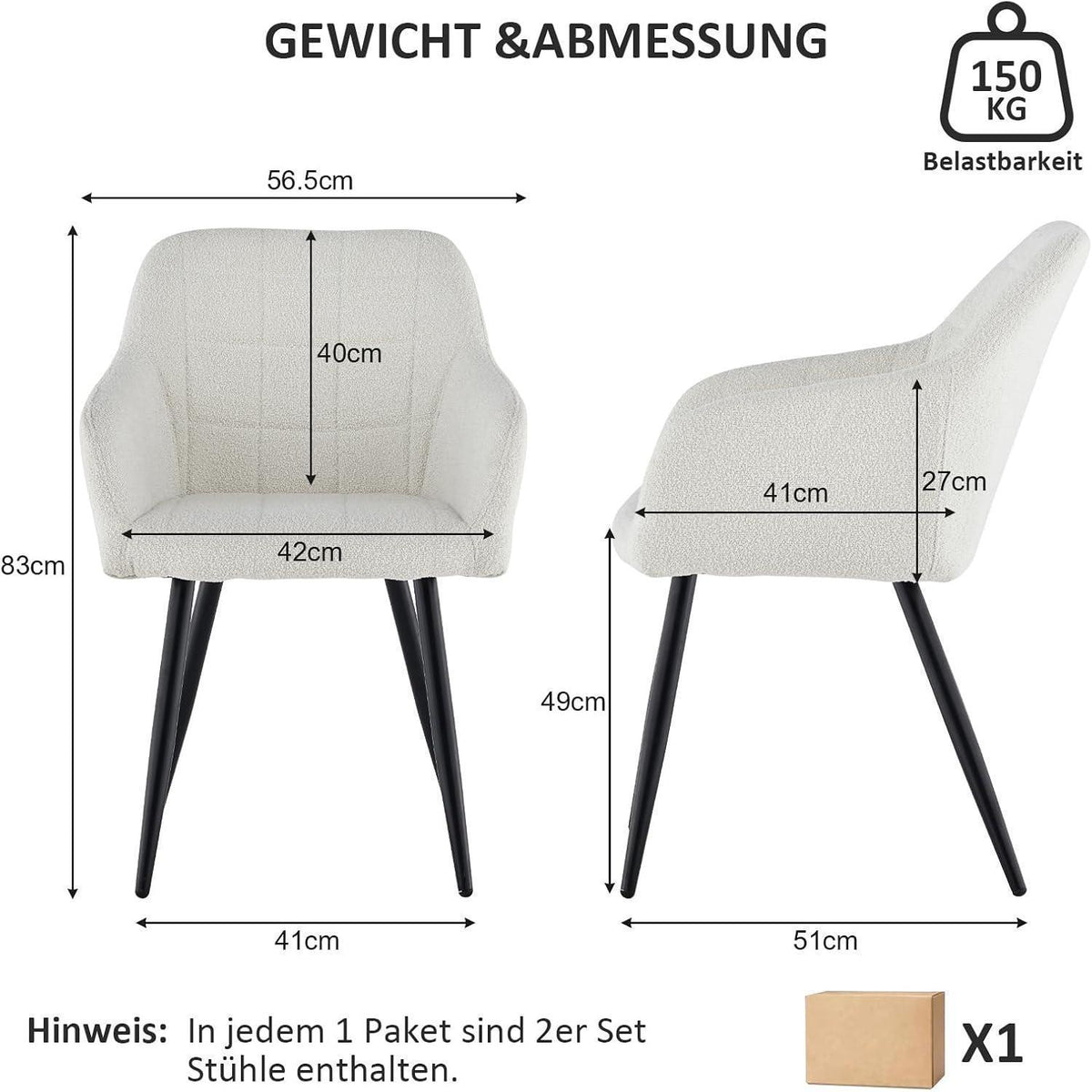 Bouclé Esszimmerstühle 2er Set Beige & Nebelweiß
