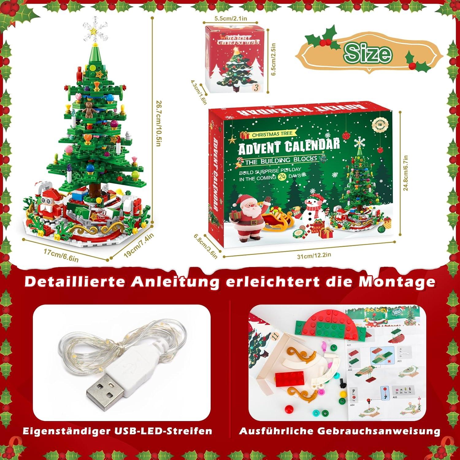 Adventskalender 2024 Kinder Weihnachtsbaum Bauspielzeug LED 701 Pcs