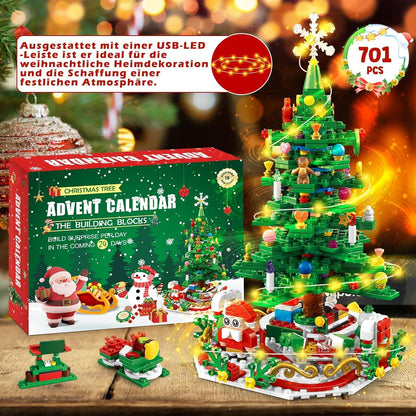 Adventskalender 2024 Kinder Weihnachtsbaum Bauspielzeug LED-Licht