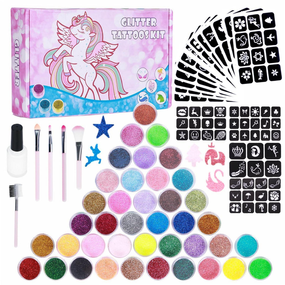 Glitzer Tattoo Set Kinder – 40 Farben & 147 Schablonen
