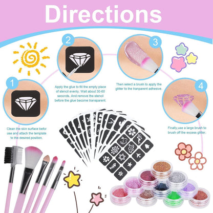 Glitzer Tattoo Set Kinder – 40 Farben & 147 Schablonen