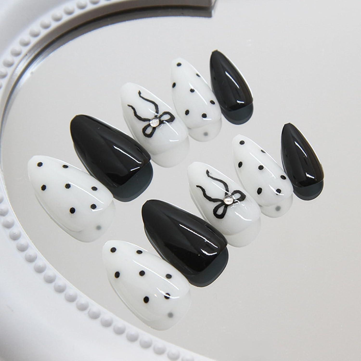 24 French Tip Press on Nägel Schwarz Weiß für Frauen und Mädchen