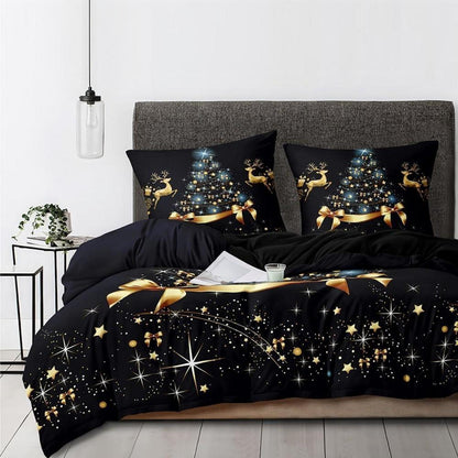 Weihnachts Bettwäsche Set 135x200 cm Schwarz Gold Hirsch