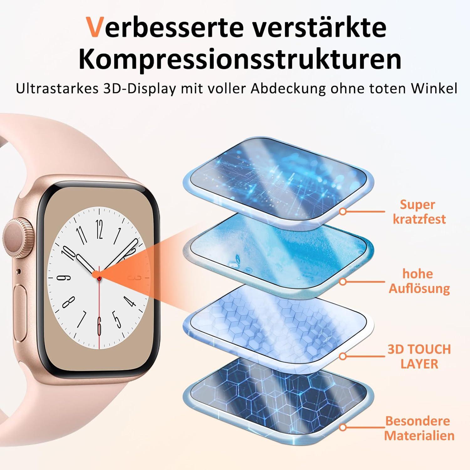 2er Pack Panzerglas Schutzfolie für Apple Watch 7/8/9 41mm, 9H Härte, Anti-Kratz, Fingerabdruck-ID, HD-Schutzfilm