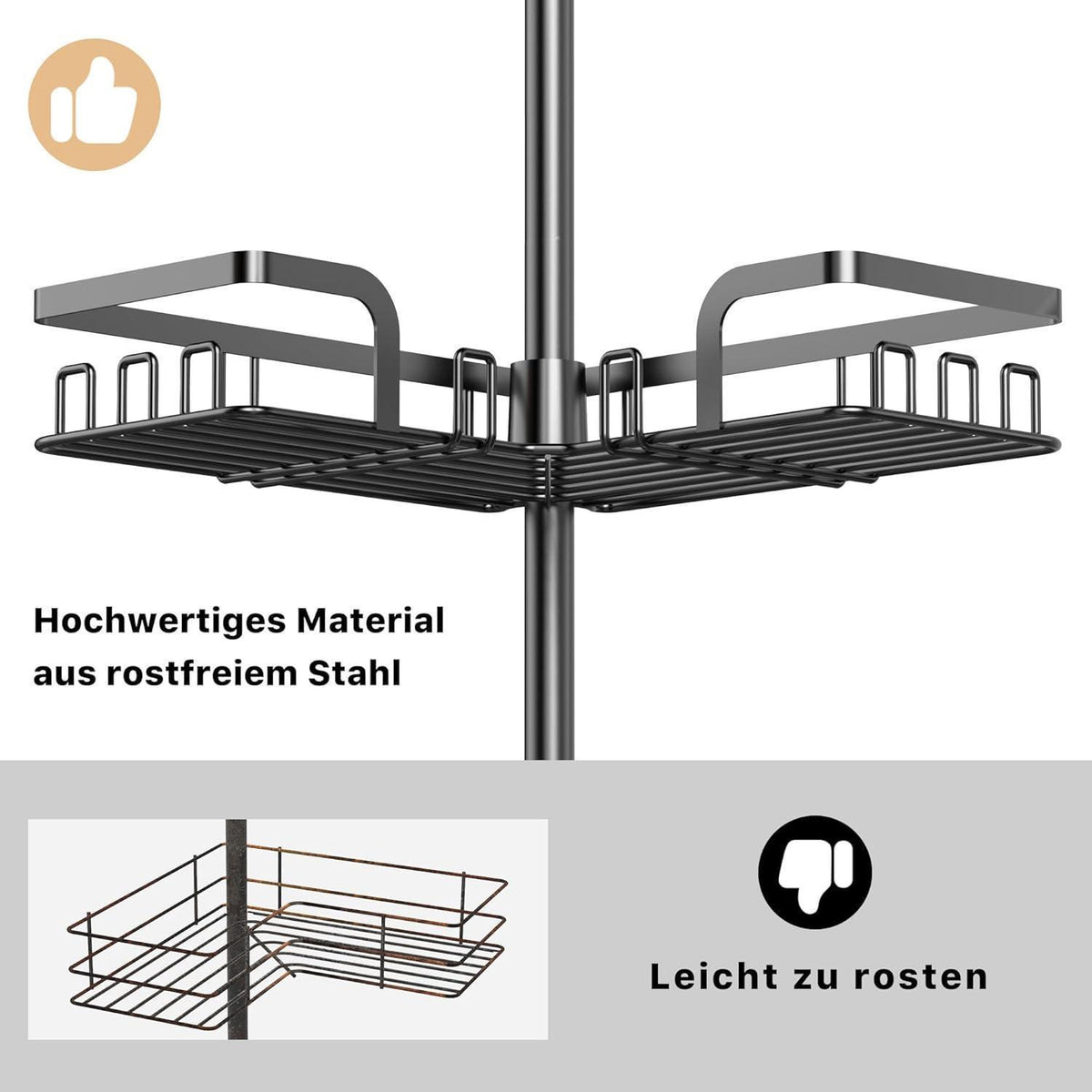 Teleskop Duschregal ohne Bohren, 4 Körbe, höhenverstellbar, Schwarz