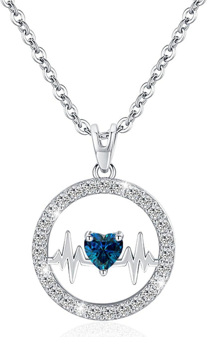 Herzschlag-Halskette Sterling Silber 925 Geburtsstein Anhänger