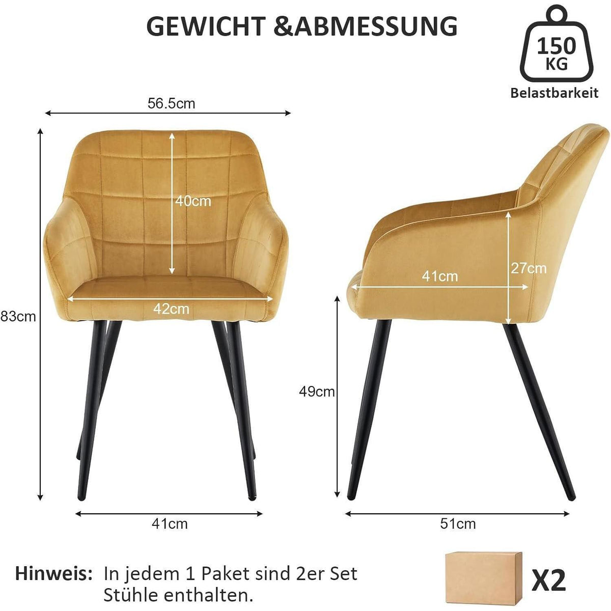 Samt Esszimmerstühle 4er Set – Tulpengold, Bequem & Robust