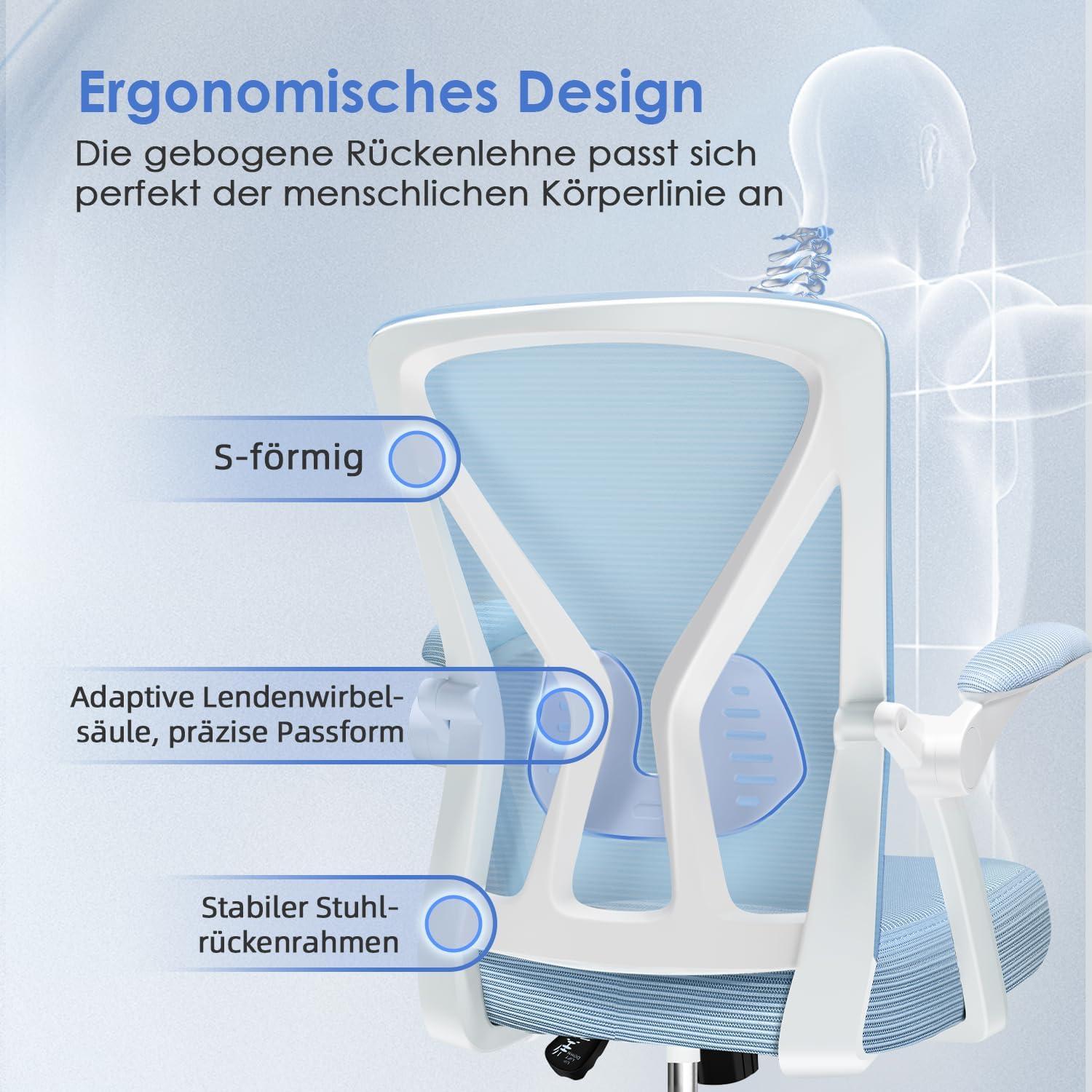 Ergonomischer Bürostuhl mit Lendenwirbelstütze und Armlehnen in Blau