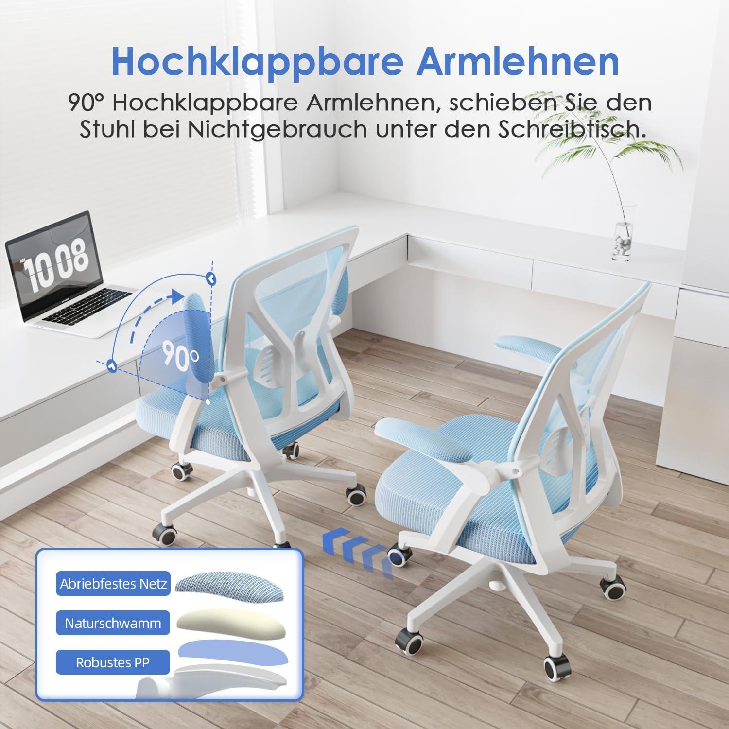 Ergonomischer Bürostuhl mit Lendenwirbelstütze und Armlehnen in Blau