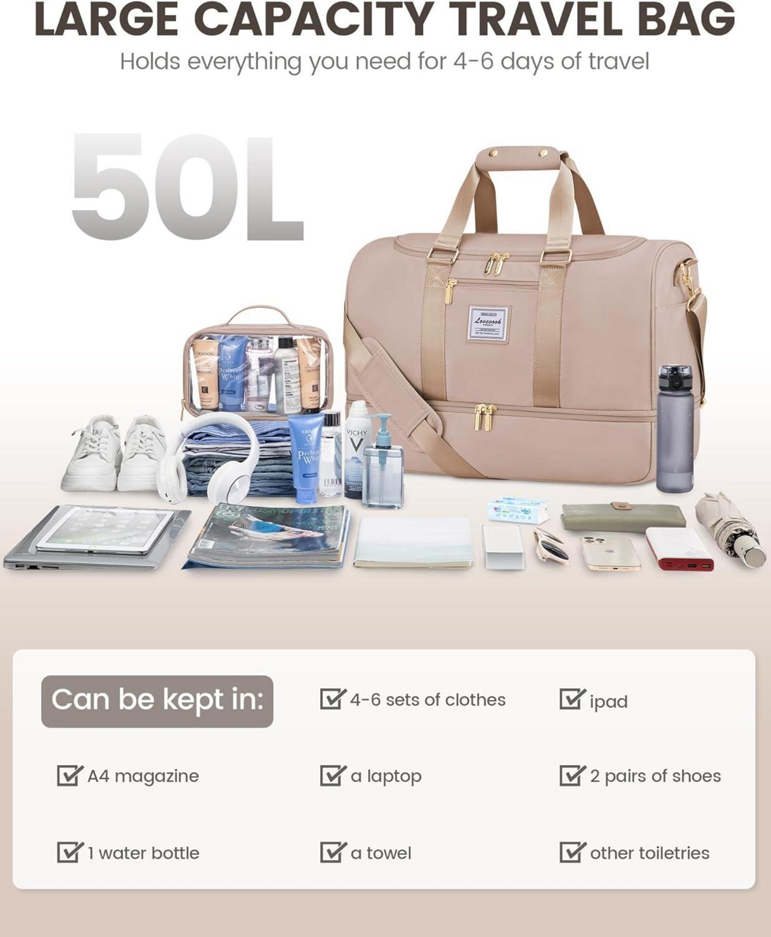 Sporttasche 50L Reisetasche mit Schuhfach Nassfach Wasserdicht